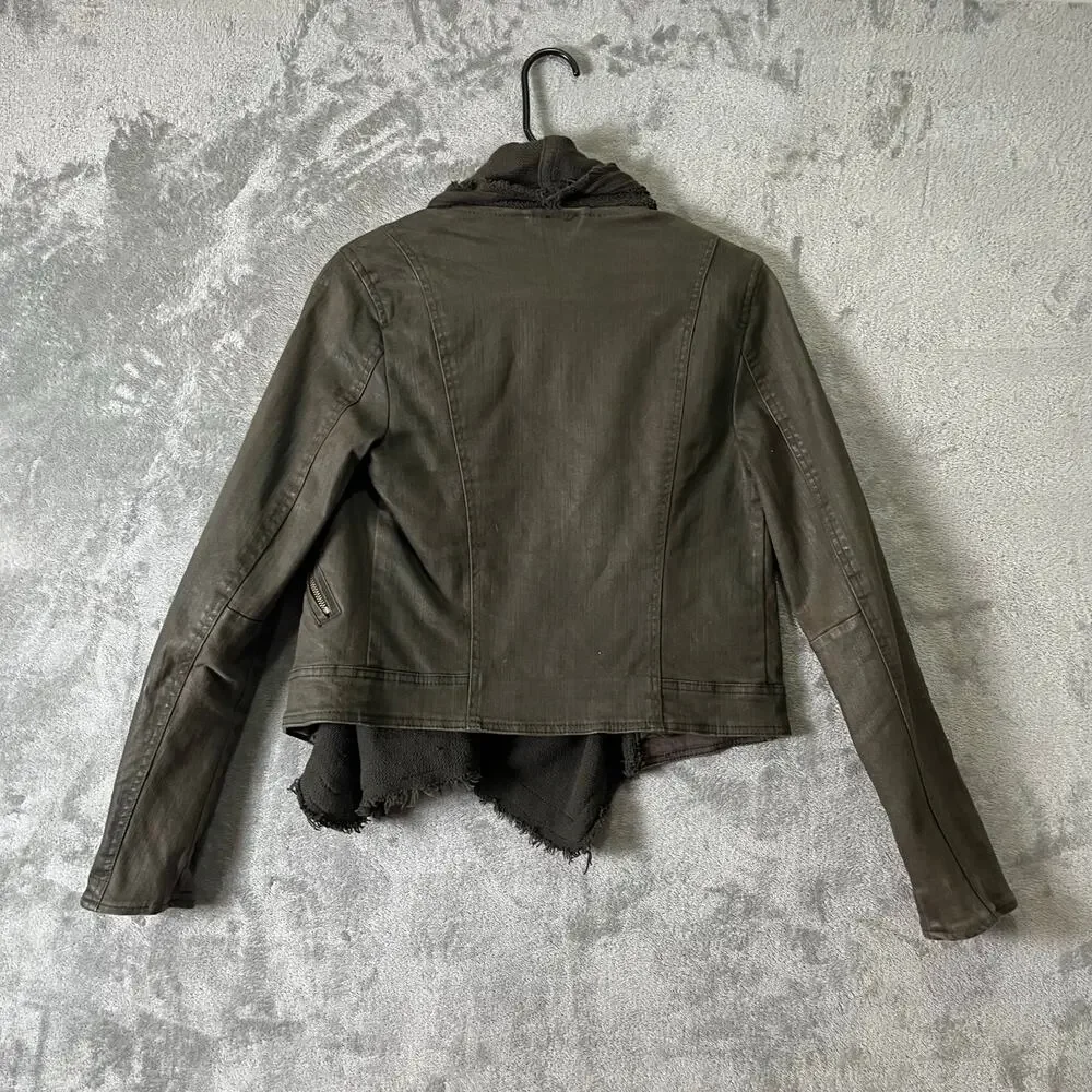 Free People Draped Scarf Collar Faux Leather Jacket Boho Grunge Biker 2‎ Green